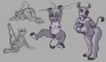  2016 3_toes anthro breast_squish breasts butt female front_view genitals grey_background grey_body hanging_from_branch horn leaning leaning_forward looking_at_viewer mammal multiple_images nude pussy rear_view rhinocerotoid simple_background siroc soles solo spread_legs spreading squish stretching toes 