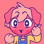  1:1 2019 90_percent_studios 90percentdenny ambiguous_gender anthro blue_clothing blush blush_lines canid canine canis cheek_spots clothing domestic_dog floppy_ears fur gloves_(marking) hair mammal markings nonbinary_(lore) official_art olive_higgins open_mouth open_smile overalls pink_background pink_body pink_fur purrfect_apawcalypse raised_arm shirt simple_background smile solo tan_hair topwear unusual_pupils video_games visual_novel yellow_clothing yellow_shirt yellow_topwear 