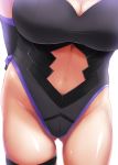  1girl 7/11_(fukuso) absurdres arms_behind_back ass_visible_through_thighs black_gloves black_leotard breasts center_opening cleavage close-up commentary_request elbow_gloves fate/grand_order fate_(series) gloves highres large_breasts leotard mash_kyrielight midriff navel ortenaus skindentation solo thigh_strap thighs torso 
