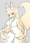  2020 anthro arm_tuft big_breasts blonde_hair breasts canid canine claws convenient_censorship countershading elbow_tufts female fluffy fluffy_tail fox fur grey_background hair hi_res inner_ear_fluff kemono long_hair mammal multicolored_body multicolored_fur navel neck_tuft nude red_eyes sbiarki simple_background solo standing tuft two_tone_body two_tone_fur white_body white_fur yellow_body yellow_fur 