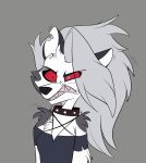  2019 anthro canid canid_demon clenched_teeth clothed clothing collar demon female fur grey_body grey_fur hair hellhound helluva_boss loona_(vivzmind) mammal notched_ear reaction_image red_sclera rutkotka simple_background solo spiked_collar spikes teeth white_body white_fur 