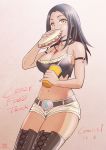  1girl black_hair blush boots breasts breasts_day collar crazy_food_truck_(manga) cup dark_skin eating fast_food food food_on_face gem highres ketchup long_hair ogakirokurou original short_shorts shorts thighhighs yellow_eyes 