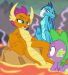  3_fingers 3_toes absurd_res breasts dragon dragon_wings female fingers friendship_is_magic group hasbro hi_res lava male male/female my_little_pony princess_ember_(mlp) smile smolder_(mlp) spike_(mlp) spread_legs spreading succubi_samus toes 