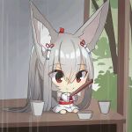  1girl ^_^ animal_ear_fluff animal_ears bangs barefoot blush chibi closed_eyes closed_mouth day eyebrows_visible_through_hair fox_ears fox_girl fox_tail full_body grey_hair hair_between_eyes hair_tubes holding japanese_clothes kimono long_hair long_sleeves looking_away original outdoors patches ponytail rain red_eyes sitting smile solo stick tail tree veranda very_long_hair white_kimono wide_sleeves yuuji_(yukimimi) 