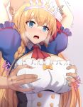  1boy 1girl :o arms_up blonde_hair blue_eyes blush bow braid breast_grab breasts corset grabbing grabbing_from_behind heavy_breathing highres large_breasts long_hair looking_away necktie open_mouth pecorine_(princess_connect!) princess_connect! princess_connect!_re:dive red_neckwear shin&#039;yashiki surprised tiara upper_body yellow_bow 