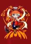  1girl absurdres clenched_hand cosplay gud_luck hair_rings highres hololive hololive_english japanese_clothes looking_at_viewer orange_background orange_hair purple_eyes sakuna:_of_rice_and_ruin sakuna_(sakuna:_of_rice_and_ruin) sakuna_(sakuna:_of_rice_and_ruin)_(cosplay) solo takanashi_kiara v-shaped_eyebrows virtual_youtuber walking 
