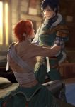  2boys absurdres bandages blue_hair blue_jacket blurry blurry_background felix_hugo_fraldarius fire_emblem fire_emblem:_three_houses highres indoors jacket looking_at_another male_focus multiple_boys open_mouth owl_taro red_hair sarashi short_hair sylvain_jose_gautier 