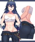  1girl absurdres arcedo artist_name ass blue_eyes blue_hair breasts english_commentary fire_emblem fire_emblem_awakening hairband hands_on_hips highres long_hair lucina_(fire_emblem) midriff multiple_views navel open_mouth small_breasts tank_top toned very_long_hair 