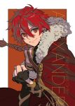  1boy alexander_(fate) braid cape character_name english_text fate/grand_order fate_(series) fingerless_gloves fur-trimmed_cape fur_trim gloves hair_between_eyes highres long_hair looking_at_viewer male_focus muni_(fdrk) red_cape red_eyes red_hair single_braid smile solo 