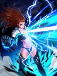  1girl bikini blue_eyes boots breasts brown_hair chest_beam cleavage cyborg genderswap genderswap_(mtf) gloves hair_slicked_back high_collar highres lady_maxima lightning long_hair maxima navel official_art shoulder_pads sideburns snk solo swimsuit the_king_of_fighters the_king_of_fighters_all-stars thigh_boots thighhighs 