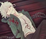  1boy arms_behind_back bound brown_pants chain chained collarbone commentary_request danganronpa green_jacket grey_eyes grey_hair grin hair_between_eyes highres hood jacket kimbok komaeda_nagito looking_at_viewer lying male_focus messy_hair midriff_peek on_back pants shirt short_hair smile solo super_danganronpa_2 teeth tied_up white_shirt 