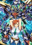  armpits arms_behind_head breasts cliana_rimskaya forte_gigas garimpeiro glowing glowing_eyes green_eyes green_neckwear highres holding holding_lance holding_polearm holding_weapon lance large_breasts looking_at_viewer mecha medium_hair mini_necktie open_hand orange_hair planet polearm science_fiction space super_robot_wars super_robot_wars_destiny weapon yellow_eyes 