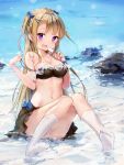  absurdres bangs bare_shoulders beach bikini black_bikini blonde_hair bow breasts character_request copyright_request food frills highres knees_together_feet_apart lanyingchengzhi long_hair looking_at_viewer medium_breasts popsicle purple_eyes swimsuit twintails water water_drop white_legwear 