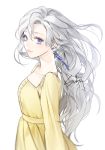  1girl artist_name blue_eyes dress earrings hair_between_eyes jewelry light_smile long_hair long_neck looking_at_viewer silver_hair simple_background solo standing sukja upper_body very_long_hair white_background yellow_dress 