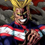  1boy all_might antenna_hair black_sclera blonde_hair blood blood_on_face blood_stain bloody_hands bodysuit boku_no_hero_academia bruise bruise_on_face chest clenched_hand commentary glowing glowing_eyes hand_up highres injury looking_at_viewer male_focus messy_hair muscle short_hair smile solo studio_viga thick_eyebrows torn_bodysuit torn_clothes upper_body 