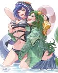  2girls blue_hair breast_grab breast_press breasts brown_eyes commission dinosaur_tail grabbing green_eyes green_hair highres long_hair medium_breasts multiple_girls one_eye_closed open_mouth original sharp_teeth tail teeth theamazingspino yuri 