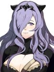  1girl ariaridoradora black_shirt breasts camilla_(fire_emblem) closed_mouth fire_emblem fire_emblem_fates fire_emblem_heroes hair_over_one_eye highres large_breasts long_hair looking_at_viewer open_clothes open_shirt purple_eyes purple_hair shiny shiny_hair shirt tiara white_background 