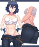  1girl absurdres alternate_hair_length alternate_hairstyle arcedo artist_name ass blue_eyes blue_hair breasts english_commentary fire_emblem fire_emblem_awakening hairband hands_on_hips highres lucina_(fire_emblem) midriff multiple_views navel open_mouth short_hair small_breasts tank_top toned 