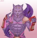  &lt;3 abs anthro armor bathym canid canine canis clothing demon food fur horn jockstrap jonathan_oceans male mammal muscular muscular_male one_eye_closed pecs pocky pocky_day purple_body purple_fur solo tokyo_afterschool_summoners unconvincing_armor underwear video_games wink wolf 