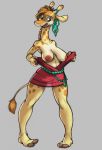  2016 anthro breasts clothed clothing dress exposed_breasts female full-length_portrait giraffe giraffid hi_res kiravi_nzambe mammal nipples partially_clothed portrait red_clothing red_dress sagging_breasts siroc solo spots standing undressing 