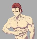  1boy abs closed_mouth fire_emblem fire_emblem_fates fire_emblem_heroes hand_up highres looking_to_the_side male_focus muscle pectorals red_eyes red_hair saizo_(fire_emblem) scar scar_across_eye shirtless simple_background upper_body wasabi_kame 