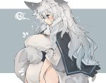  /\/\/\ 1girl animal_ear_fluff animal_ears arknights black_cape blush breasts cape dress grey_background grey_eyes head_chain large_breasts leopard_ears leopard_girl leopard_tail mikojin pramanix_(arknights) side_braids side_slit simple_background solo squiggle tail 