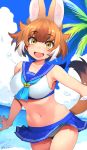  1girl :d animal_ear_fluff animal_ears bangs beach bikini blue_sailor_collar breasts brown_hair cloud collarbone commentary dated day dhole_(kemono_friends) dog_ears dutch_angle extra_ears eyebrows_visible_through_hair fang happa_(cloverppd) highres kemono_friends large_breasts looking_at_viewer multicolored_hair navel open_mouth outdoors palm_tree sailor_bikini sailor_collar short_hair side-tie_bikini signature smile solo swimsuit tail thigh_gap tree two-tone_hair white_hair yellow_eyes 
