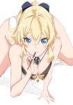  1girl blonde_hair blue_bow blush bow breasts cross cross_earrings dress earrings food genshin_impact hair_bow highres jean_gunnhildr jewelry long_hair pants pocky pocky_day ponytail task_baron tight white_pants 