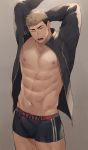 1boy abs arms_up bara bare_chest black_male_underwear blonde_hair boxers bulge chest erection erection_under_clothes haozz highres jacket male_focus muscle navel nipples open_clothes open_jacket original short_hair solo thick_thighs thighs undercut underwear yawning yellow_eyes 