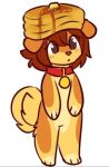  ambiguous_gender brown_eyes brown_hair butter canid canine canis collar dairy_products domestic_dog fluffy fluffy_tail food freckles hair mammal maple_syrup orange_body pancake red_collar short_hair solo standing unknown_artist young 