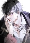  1boy adam&#039;s_apple artist_name blurry grey_hair hand_on_another&#039;s_cheek hand_on_another&#039;s_face hands holding_hand looking_at_viewer male_focus purple_eyes solo_focus sukja upper_body 