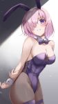  1girl :d absurdres alternate_costume animal_ears arms_behind_back bare_shoulders blush breasts bunny_ears cleavage cowboy_shot cross-laced_clothes detached_collar fate/grand_order fate_(series) from_side grin hair_over_one_eye highres leaning_forward leotard looking_at_viewer marie_(pixiv31942978) mash_kyrielight medium_breasts medium_hair open_mouth pantyhose pink_hair playboy_bunny purple_eyes purple_hair purple_leotard smile solo thigh_strap wrist_cuffs 