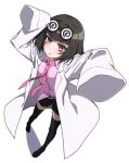  1girl @_@ arms_up bangs black_hair black_legwear black_shorts blunt_bangs blush coke-bottle_glasses from_above glasses labcoat looking_at_viewer necktie open_mouth pink_eyes pink_shirt senki_zesshou_symphogear senki_zesshou_symphogear_xd_unlimited shiny shiny_hair shiny_skin shirt short_hair shorts simple_background sleeves_past_wrists solo standing thighhighs tsukamoto_kensuke tsukuyomi_shirabe white_background 