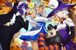  3girls autumn autumn_leaves black_gloves blue_eyes breasts brown_eyes cat clothing_cutout dark_skin demon_horns demon_tail elbow_gloves evelyn_(unsomnus) fangs fangs_out glasses gloves grey_skin hair_between_eyes halloween hat horizontal_stripes horns iliana_(unsomnus) jack-o&#039;-lantern long_hair looking_at_viewer luna_(unsomnus) magical_girl medium_breasts multiple_girls nun original outdoors pointy_ears purple_hair red_eyes short_hair shoulder_cutout small_breasts striped tail thighhighs unsomnus vampire white_gloves white_hair witch witch_hat 