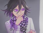  1boy bangs black_hair checkered checkered_scarf commentary_request danganronpa face finger_to_mouth grey_background hair_between_eyes hand_up jacket kimbok long_sleeves looking_at_viewer male_focus messy_hair multicolored_hair new_danganronpa_v3 open_mouth ouma_kokichi purple_eyes purple_hair scarf short_hair smile solo straitjacket two-tone_hair upper_body upper_teeth 