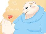  &lt;3 2020 anthro band-aid bandage black_nose blush clothing eating food hi_res hoodie kemono kwzu male mammal overweight overweight_male pocky pocky_day solo text topwear ursid 