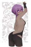  1girl arm_up ass backless_outfit bangs bare_back bare_shoulders black_leotard blush breasts cropped_legs dark_skin eyebrows_visible_through_hair fate/prototype fate/prototype:_fragments_of_blue_and_silver fate_(series) from_behind hair_between_eyes hassan_of_serenity_(fate) highres i.u.y leotard looking_at_viewer looking_back nose_blush parted_lips purple_eyes purple_hair small_breasts solo 