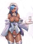  bare_shoulders blue_eyes blue_hair bow bow_(bhp) breasts cleavage closed_mouth dark_skin detached_sleeves dress hair_bow hair_over_one_eye holding holding_tray large_breasts light_areolae long_hair long_sleeves looking_at_viewer maid maid_headdress navel nipples one_eye_closed original panties smile standing thighhighs tray underwear white_background white_panties 