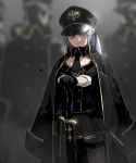  1girl absurdres bangs black_gloves black_headwear black_neckwear black_skirt blurry blurry_background cape closed_mouth collar collared_shirt frown gloves gogalking grey_eyes grey_hair hair_between_eyes hat highres long_hair long_sleeves looking_at_viewer military military_hat military_uniform necktie ofelia_(gogalking) open_clothes original sheath sheathed shirt sidelocks skirt solo_focus standing sword twintails uniform weapon 