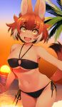  1girl :d animal_ear_fluff animal_ears bangs bare_shoulders beach bikini black_bikini breasts brown_hair cloud collarbone commentary dated day dhole_(kemono_friends) dog_ears dutch_angle extra_ears eyebrows_visible_through_hair fang happa_(cloverppd) highres kemono_friends large_breasts looking_at_viewer multicolored_hair navel ocean open_mouth outdoors palm_tree short_hair side-tie_bikini signature smile solo sun sunset swimsuit tail thigh_gap tree two-tone_hair white_hair yellow_eyes 