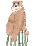  2020 anthro belly blush brown_body brown_fur butt clothing eyewear fur glasses hi_res humanoid_hands kemono male mammal overweight overweight_male simple_background solo tokyo_afterschool_summoners underwear ursid video_games volos white_background yaki_atsuage 