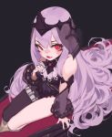  1girl bare_shoulders blush coffin epic7 fang highres juffles light_purple_hair long_hair looking_at_viewer melissa_(epic7) open_mouth purple_hair red_eyes see-through single_thighhigh sitting skin_fang slit_pupils solo thighhighs tongue vampire veil very_long_hair vial 