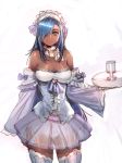  bare_shoulders blue_eyes blue_hair bow bow_(bhp) breasts cleavage closed_mouth dark_skin detached_sleeves dress hair_bow hair_over_one_eye holding holding_tray large_breasts long_hair long_sleeves looking_at_viewer maid maid_headdress one_eye_closed original panties see-through_skirt skirt smile standing thighhighs tray underwear white_background white_panties 