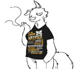  anthro betty_(weaver) bottomwear breasts canid canine canis clothing denim denim_clothing disney english_text female head_tuft humor jeans looking_at_viewer mammal neck_tuft pack_street pants shirt shirt_logo simple_background smoking solo tailwag text text_on_clothing text_on_shirt text_on_topwear the_weaver topwear tuft wolf zootopia 