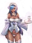  bare_shoulders blue_eyes blue_hair bow bow_(bhp) breasts cleavage closed_mouth dark_skin detached_sleeves dress hair_bow hair_over_one_eye holding holding_tray large_breasts long_hair long_sleeves looking_at_viewer maid maid_headdress navel one_eye_closed original panties smile standing thighhighs tray underwear white_background white_panties 