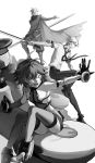  1girl 2boys ;o absurdres bodysuit boots breasts cloak collared_shirt crow_armbrust double-blade eiyuu_densetsu eyebrows_visible_through_hair gloves greyscale grin hair_between_eyes headband highres holding holding_sword holding_weapon index_finger_raised katana loose_necktie millium_orion monochrome multiple_boys necktie one_eye_closed open_mouth pants rean_schwarzer rushkat_730 sen_no_kiseki shirt short_hair short_sleeves simple_background sitting small_breasts smile sword thighhighs thighs weapon white_background wing_collar 
