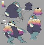  2020 ambiguous_gender amphibian anthro belly big_butt blush butt cattail_(plant) clothing froen_(zi_ran) frog front_view grass handheld handheld_console hi_res jacket looking_back nub_tail rear_view simple_background slightly_chubby solo sportswear topwear wetsuit zi_ran 