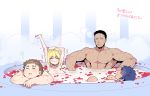  1girl 3boys :3 abs ahoge arms_at_sides bath bathing black_hair blonde_hair blue_hair blush breasts brown_hair caligula_(fate/grand_order) chest closed_eyes commentary_request dark_skin dark_skinned_male fat fat_man fate/extra fate/grand_order fate_(series) julius_caesar_(fate/grand_order) koshiro_itsuki large_breasts mixed_bathing multiple_boys muscle nero_claudius_(fate) nero_claudius_(fate)_(all) nipples nude onsen petals petals_on_liquid romulus_(fate/grand_order) rose_petals short_hair stretch water wet 