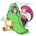  1boy 1girl blue_eyes blue_hair blush comforting cruz02art depressed gen_1_pokemon green_eyes highres james_(pokemon) jessie_(pokemon) meowth metapod pokemon pokemon_(anime) pokemon_(creature) red_hair team_rocket 