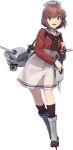  1girl antiaircraft_weapon brown_eyes brown_hair dress full_body highres kantai_collection long_sleeves official_art red_dress sailor_dress shizuma_yoshinori short_hair smile tan_yang_(kantai_collection) transparent_background turret white_dress yukikaze_(kantai_collection) 